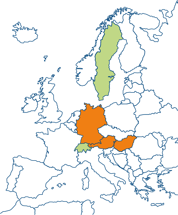 karta över europa med sverige och schweiz i grönt och tyskland, österrike och ungern i orange